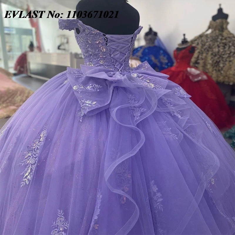 EVLAST berkilau Lavender Quinceanera gaun bola renda Applique manik-manik payet dengan busur manis 16 Vestidos De XV 15 Anos SQ65