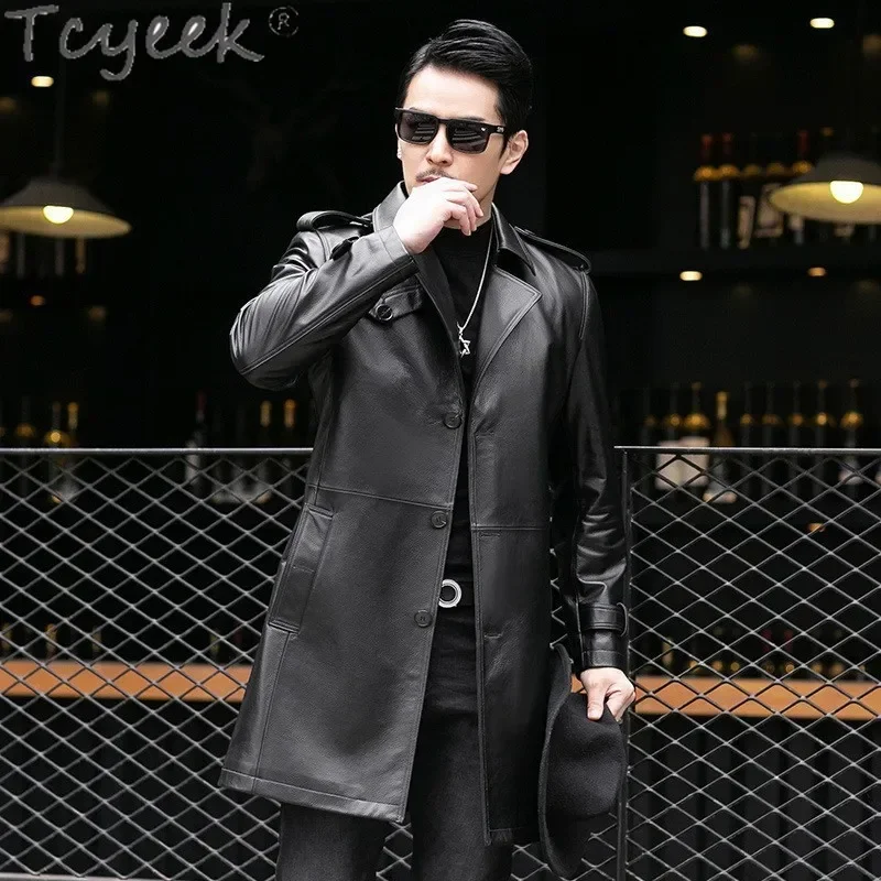 Tcyeek Genuine Leather Man Jackets Mid-length Trench Coat Autumn Clothes Mens Leather Jacket Natural Cowhide Coats Jaqueta Couro