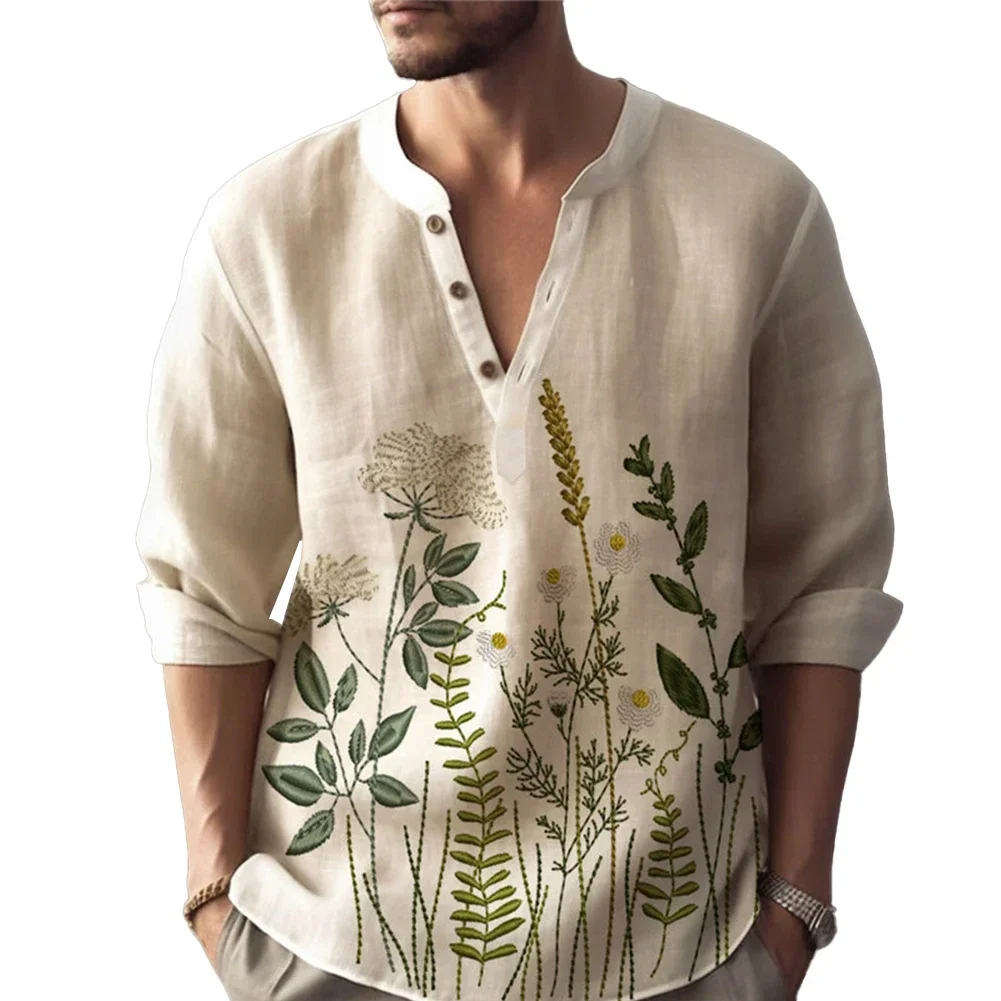 

2025 New Mens Print Long Sleeve Button Down Henley V-Neck Shirt Tops Blouse Dress Shirt Hombre Comfortable Elastic T Shirt