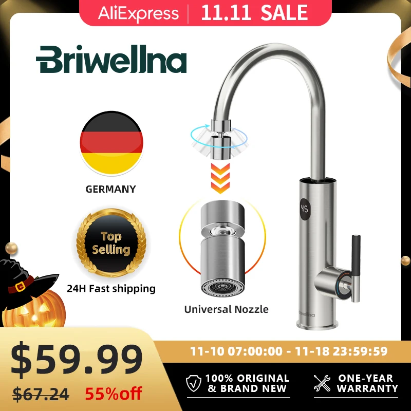 

Briwellna Instant Hot Water Tap With Flexible Extender Nozzle 220V Electric Faucet Stainless Steel Heating Tap Geyser Faucet