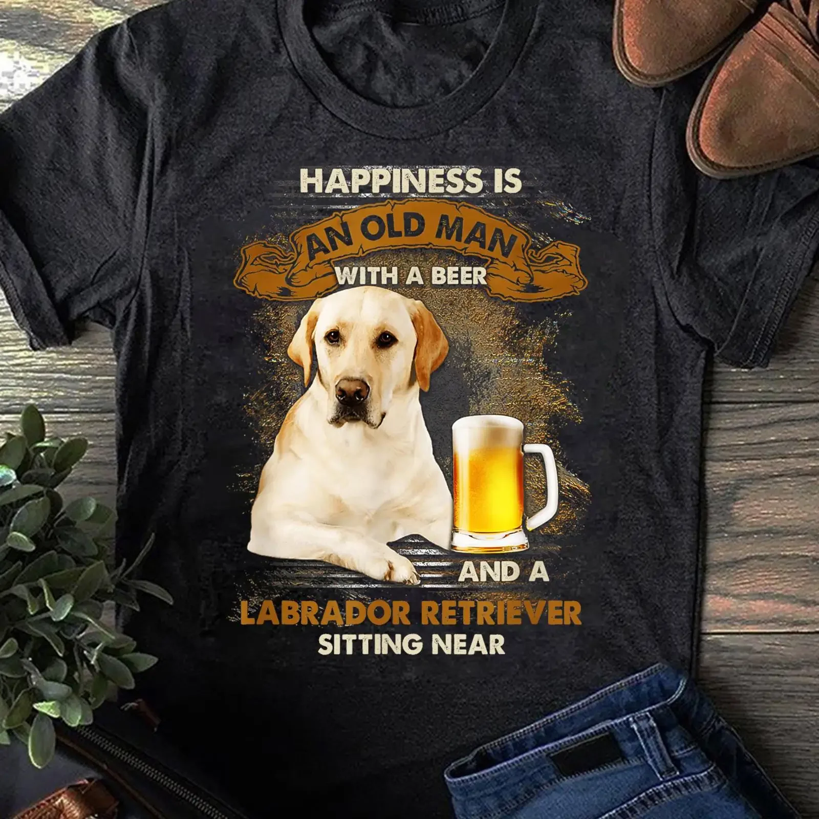 Happiness Is An Old Man With A Beer And Labrador Retriever Sitting Near Funny Dog Lover T Shirt vintage Washed Unisex Casual