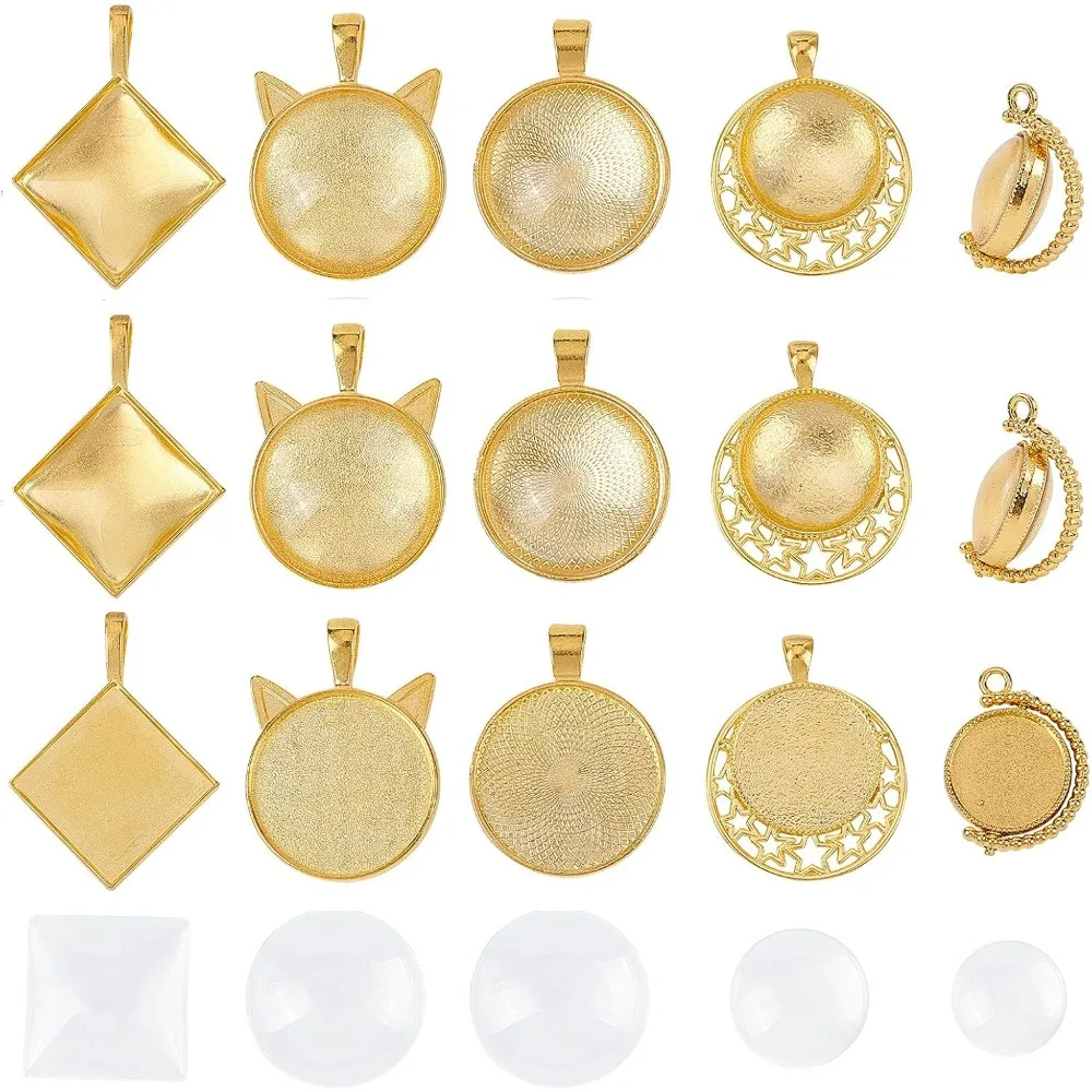 30 vassoi pendenti con castone dorato in 5 stili, impostazione pendente cabochon con 30 cabochon in vetro trasparente, cabochon trasparenti