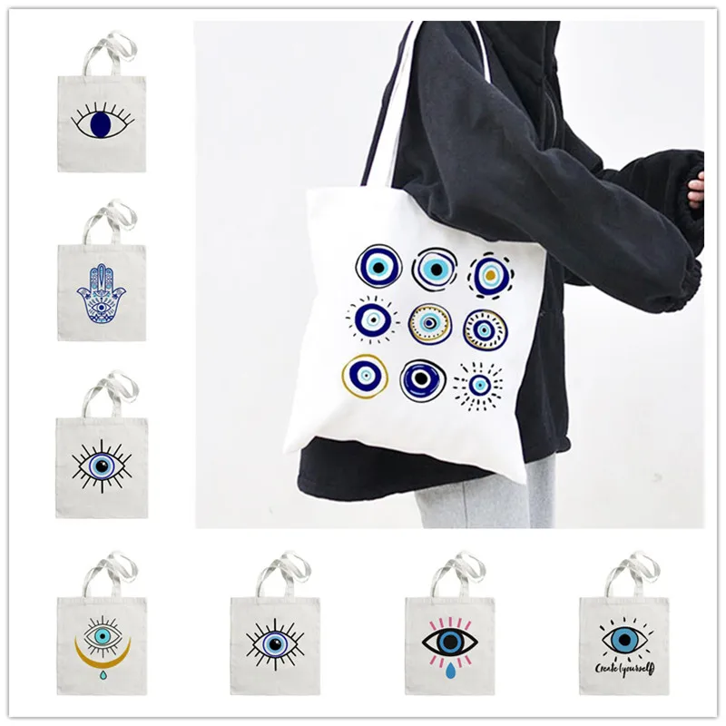 Blue Evil Eye Women Tote Handbag Canvas Women Shoulder Bags Harajuku Eco Large Capacity Portable Shopping Bag Fashion Girls Bags