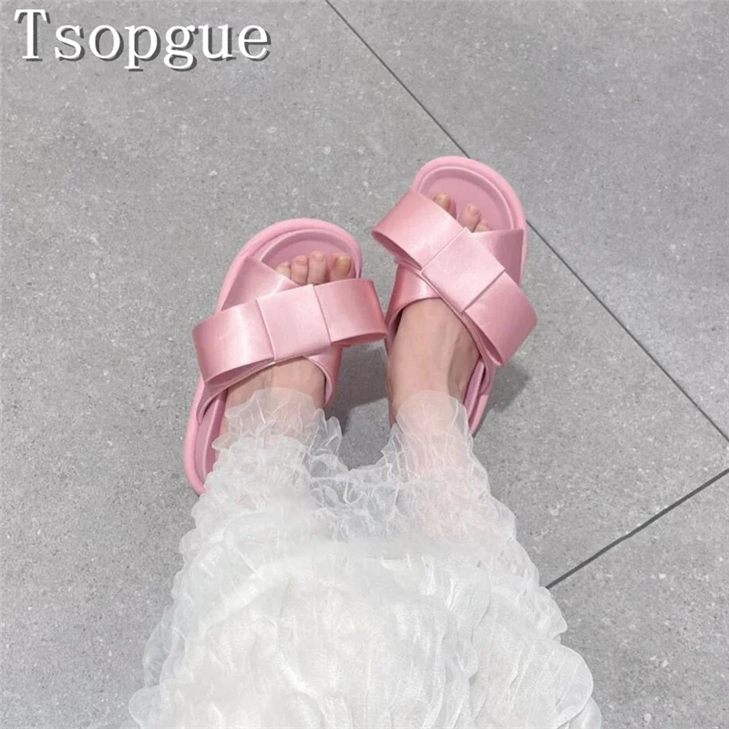 

Brand Design Slik Bow Knots Slippers Women Summer New Thick Soled Sandals Sweet Girls Outdoor Casual Dress Shoes