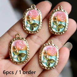 6pcs Relief Flower Handicraft Metal Pendant Elegant Rose Alloy Charms DIY Necklace Bracelets Earrings Jewelry Keyring Accessory