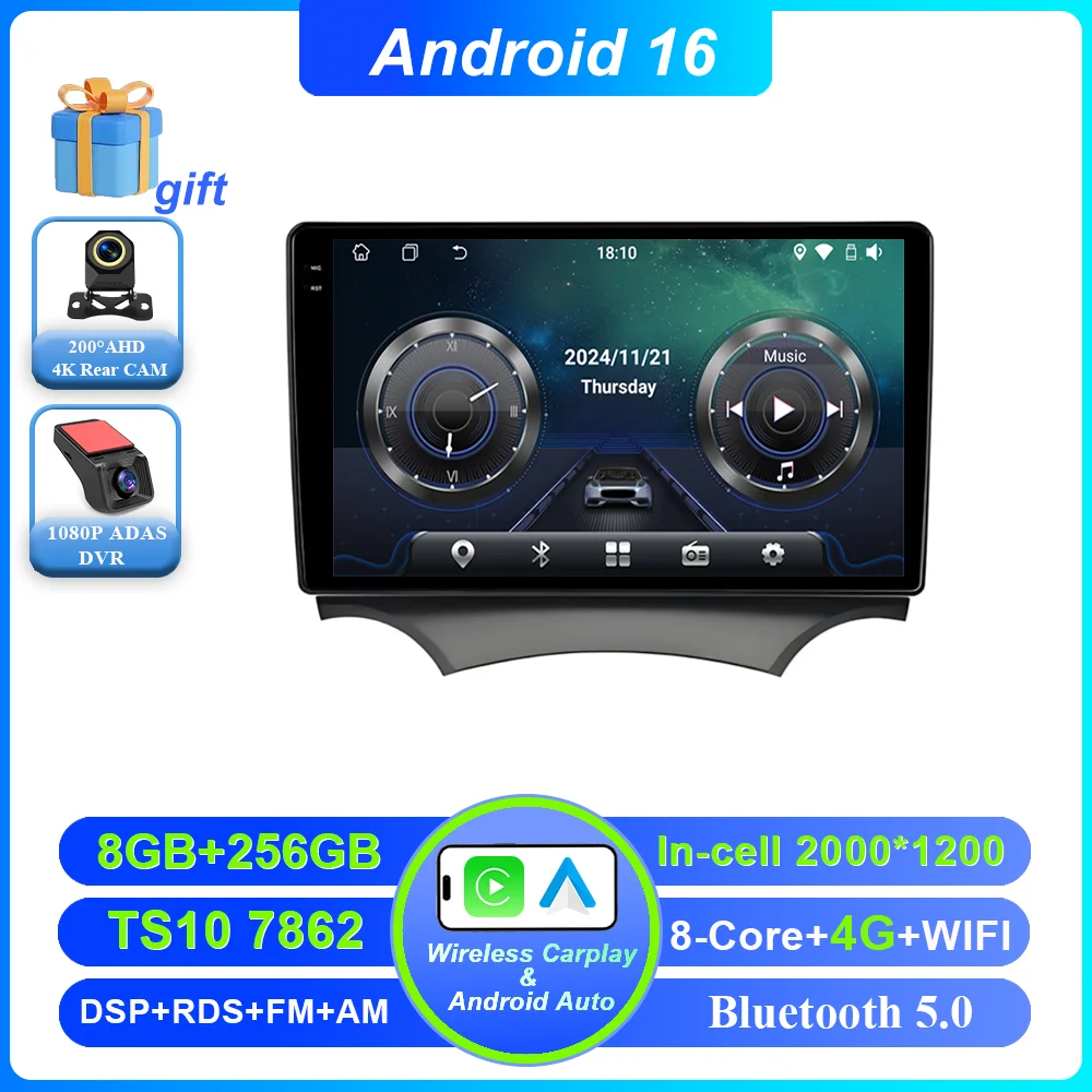 Android 16 Carplay voor Ford Ka 2008 - 2014 autoradio stereo multimediaspeler videospeler GPS navigatie QLED touchscreen 4G DSP