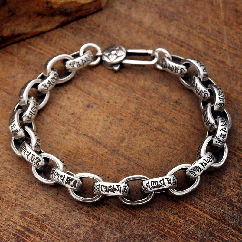 

925 sterling silver retro diamond pestle six character mantra heartfelt bracelet for men, 8mm domineering and personalized Thai