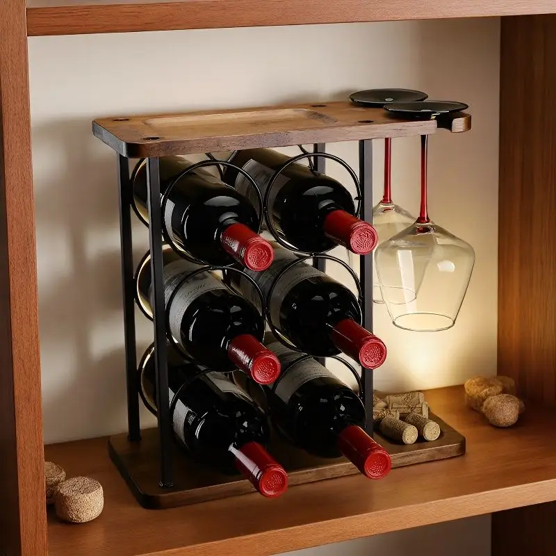Wooden Wine Rack Retro Large Capacity Wine Holder Ironwork Luxury Creativity Goblet Racks Living Room Multifunctional Barware
