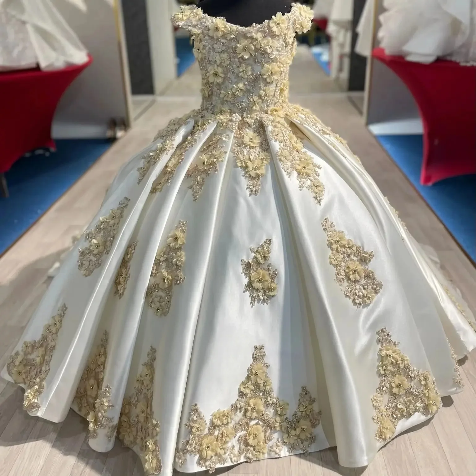 Custom Light Luxury Dress Women Wedding Guest Gown Girls Wedding Gown Birthday Party Pageant Runway Off Shoulder 3D Floral Satin