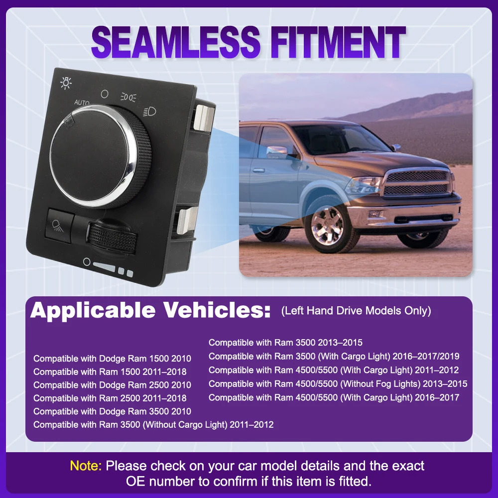 

Car Headlight Control Light Switch With AUTO Function for Ram 1500 2500 3500 4500 5500 LHD 68146503AA