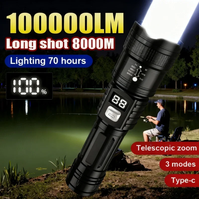 Super Bright LED Power Display Flashlight Type-C Rechargeable Long Range Tactical Torch for Outdoor Waterproof Camping Lantern