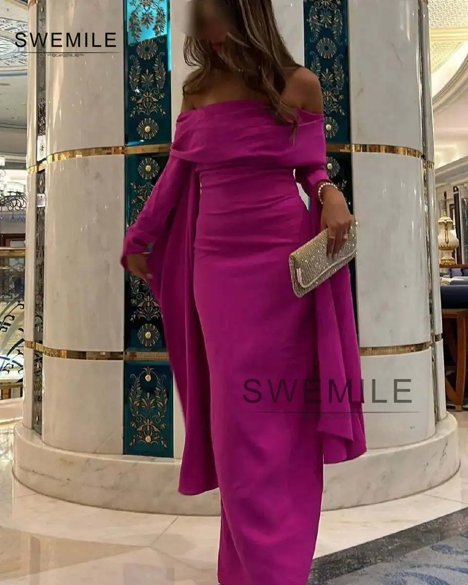 SWEMILE Sheath Strapless Evening Dresses Floor-Length Chiffon Zipper Up Long Sleeves Prom Dresses Wedding Party Dress Vestidos