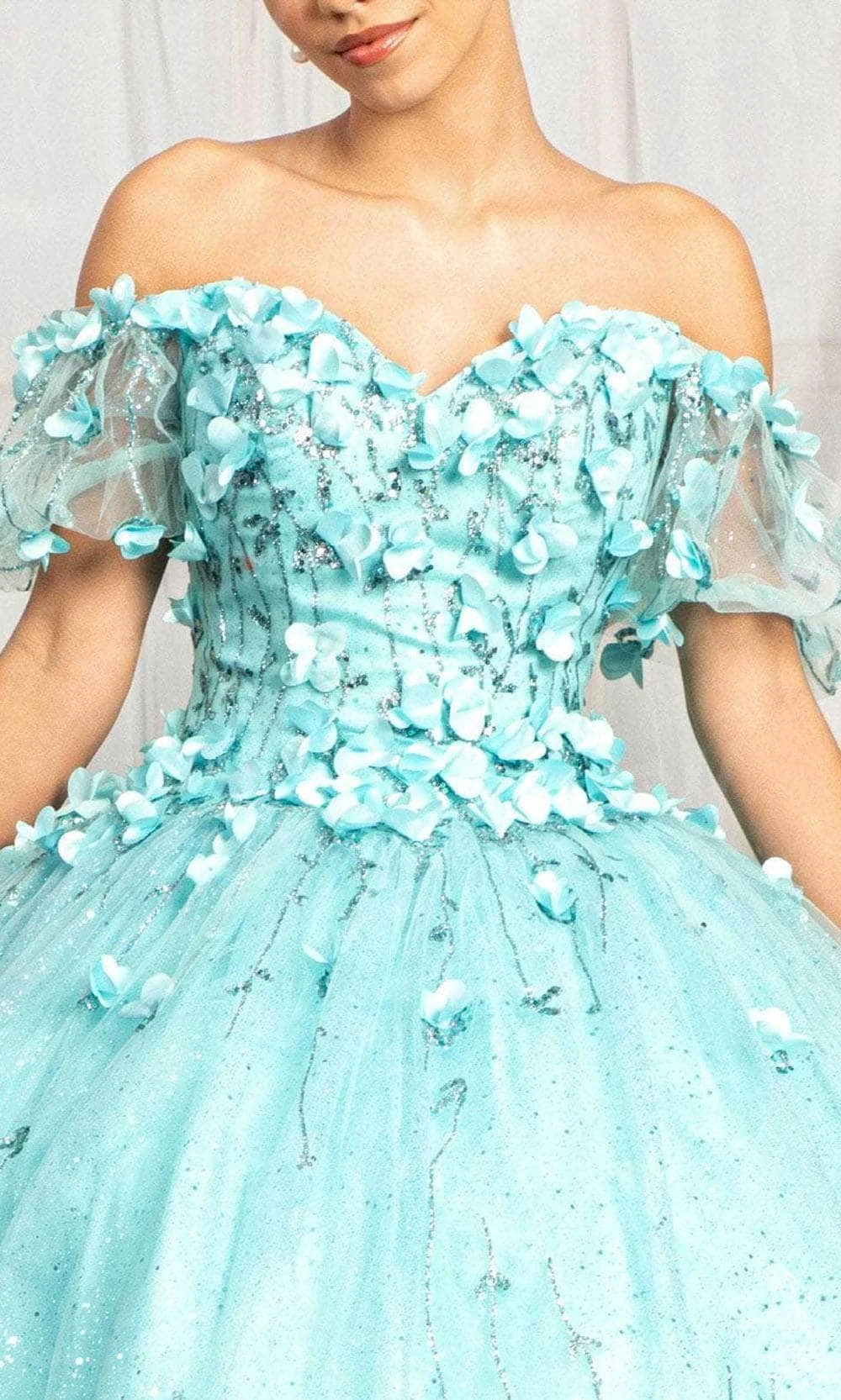 Vestidos de coquetel sem alças com apliques florais, mangas fora do ombro, vestido de baile Glitter, vestido Quinceanera, 2023