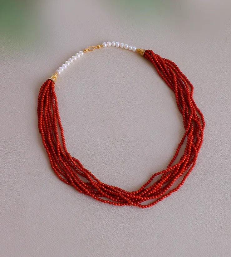 

Ожерелье из стерлингового серебра 925 пробы с красным агатом и жемчугом - винтажное роскошное многослойное колье с красной хурмой