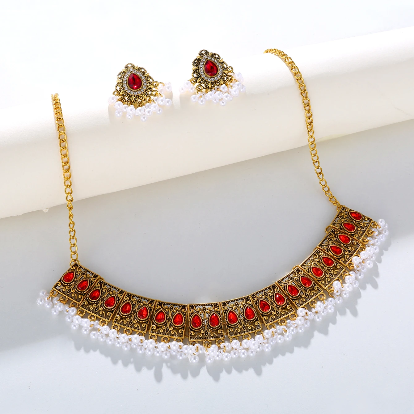 Luxury Vintage Indian Jewelry Set Antique Gold Plated Crystal Zircon Necklace Earrings Sets Ethnic Bridal Wedding Bijoux Gifts