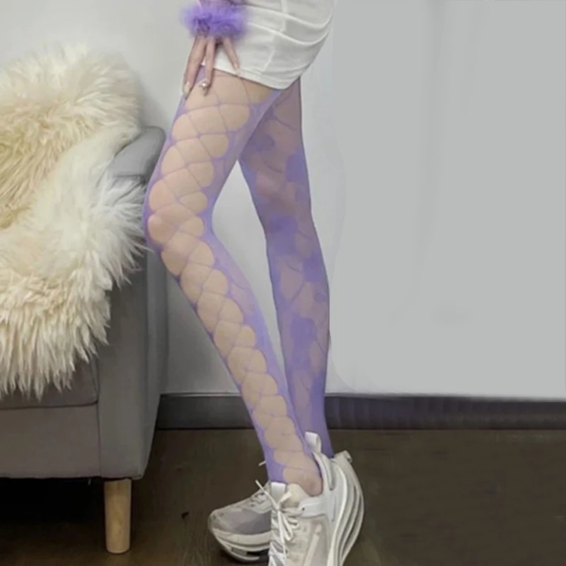 Women Gothic Sexy Colorful Fishnet Pantyhose Rose Flower Vine Jacquard Patterned Tights Side Hollow Holes Mesh