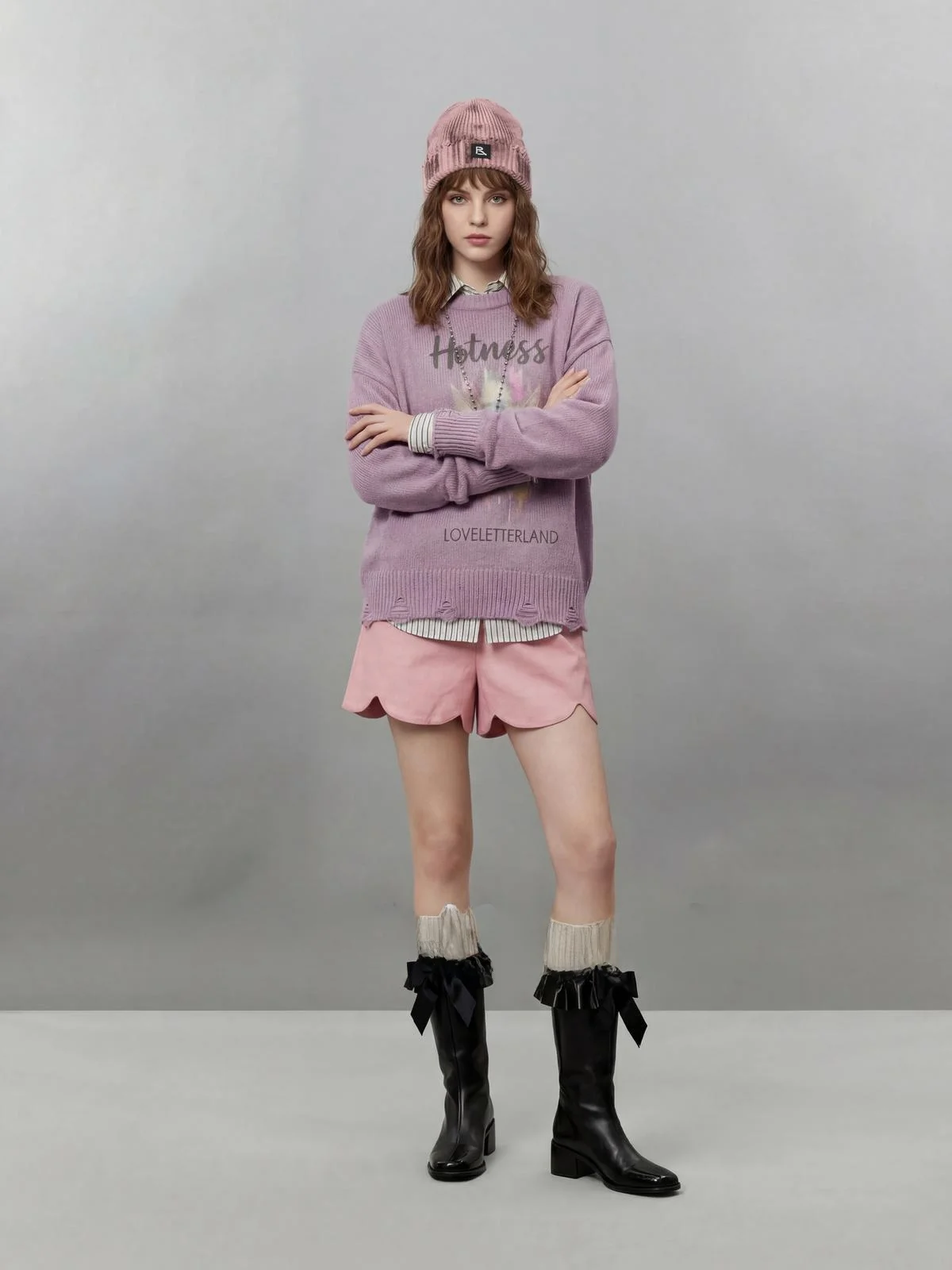 

Loose Women's Purple Sweater Casual Sle Overhead Fake Two-Piece Knitted Long Sve Regular Length Spring New Arrival