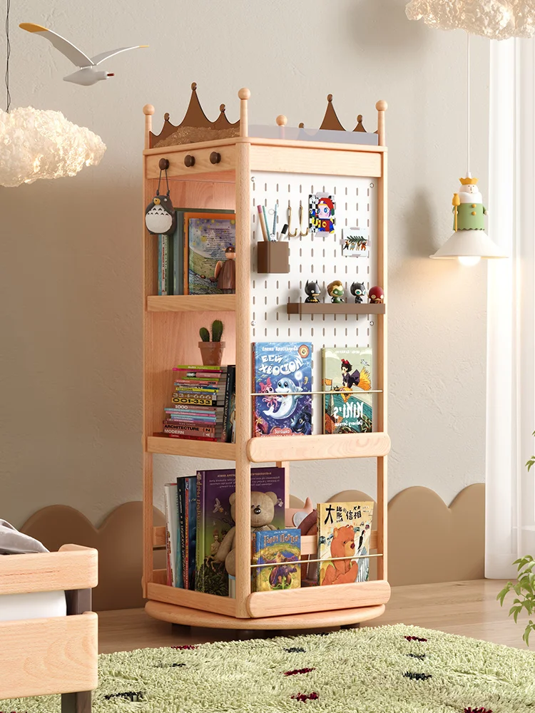 Solid wood rotating bookshelf room storage cabinet reading corner boy picture book shelf storage floor-to-ceiling Nordic bookcas