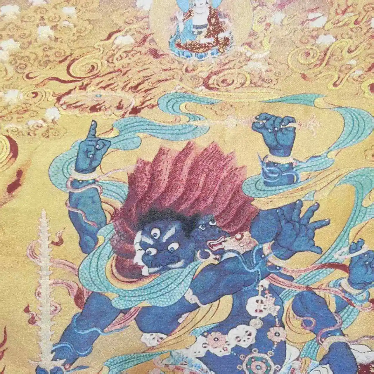 

35"Thangka Embroidery Tibetan Buddhism Silk Embroidery brocade Nepal Step Throwing King Kong Mingwang Dharmapala Town House