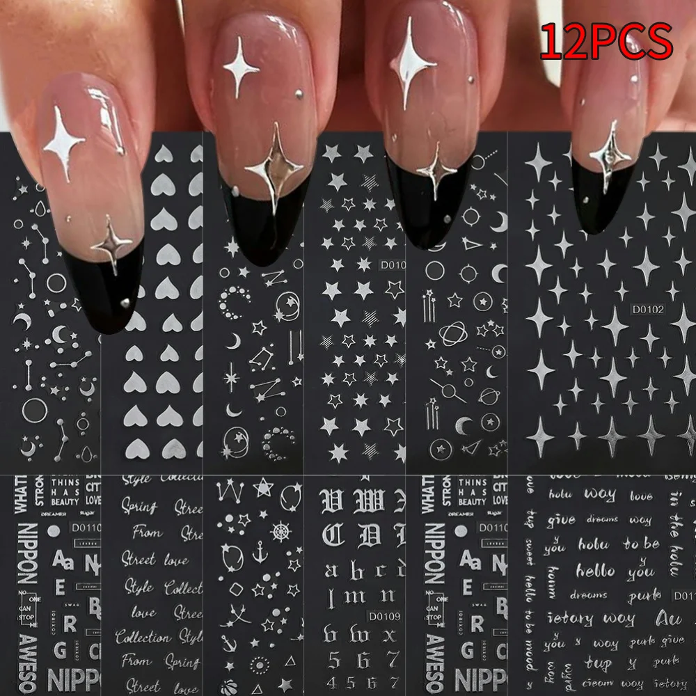 12Sheets/Set 3D Silver Star/Moon/Heart/Letters Nail Art Sticker 10*8cm Self-Adhesive Slider Decals DIY Manicure Art Decoration