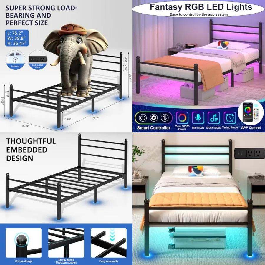 

Bed Frame with LED Lights and Charging Station, Metal Platform Bed with Headboard, Heavy Duty Metal Slats, No Box Spring Needed