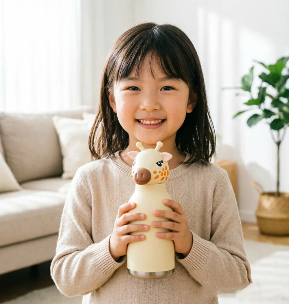Kids And Teens Insulated Stainless Steel Water Bottle with Detachable Soft Animal Head Fun Drinking Flexible Reusable Straw