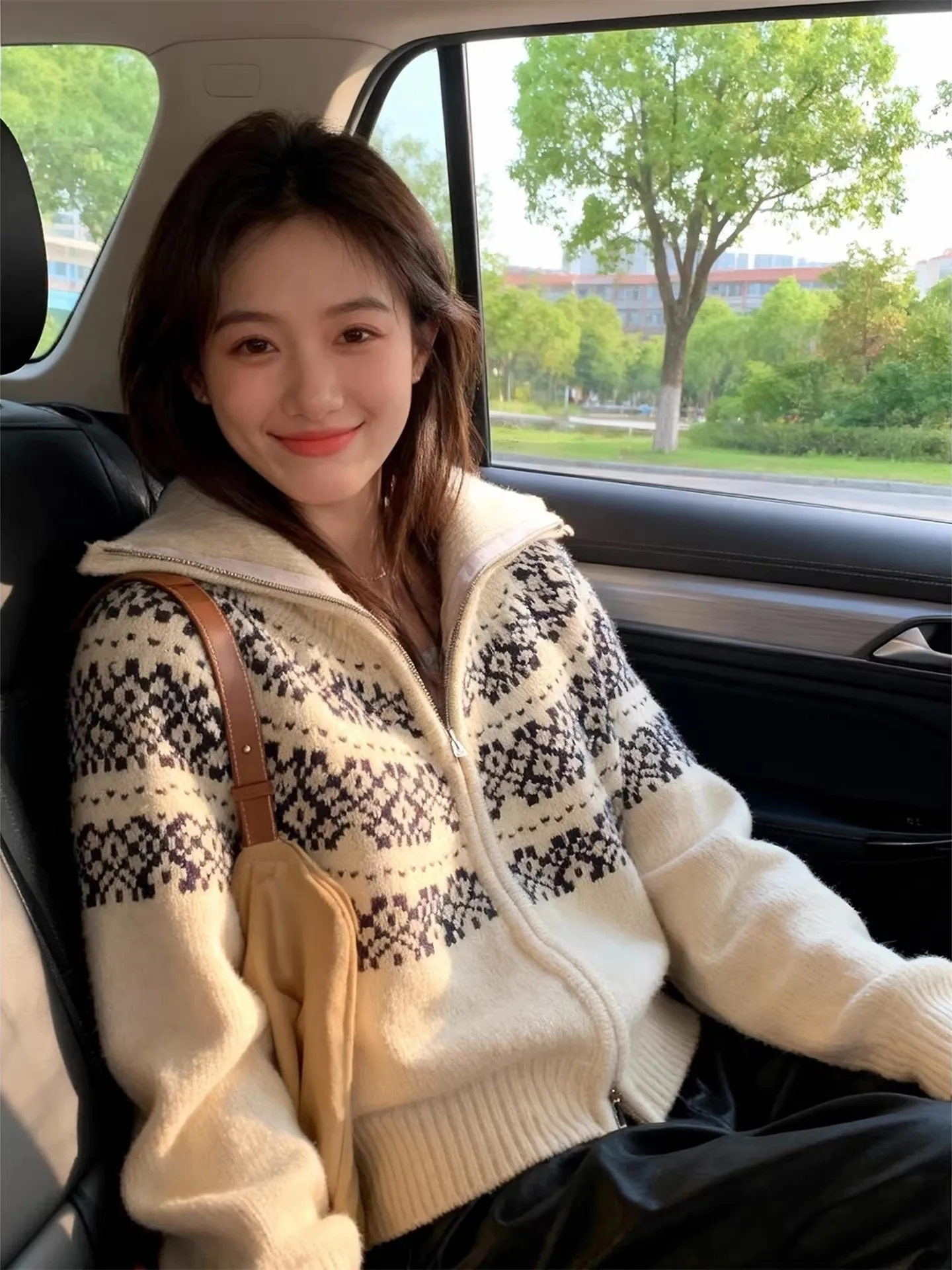 

Retro Fair Isle Double Zipper High Collar Knitted Cardigan Women's Autumn Winter Lazy Old Money Style Sweater Outerwear