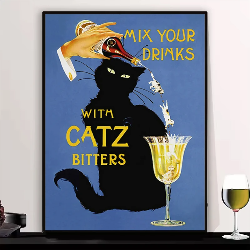 

Catz Bitters Vintage Beverage Poster Black Cat Wall Art Aesthetic Room Decor Man Bedroom Decoration Coffee House Bar For Home
