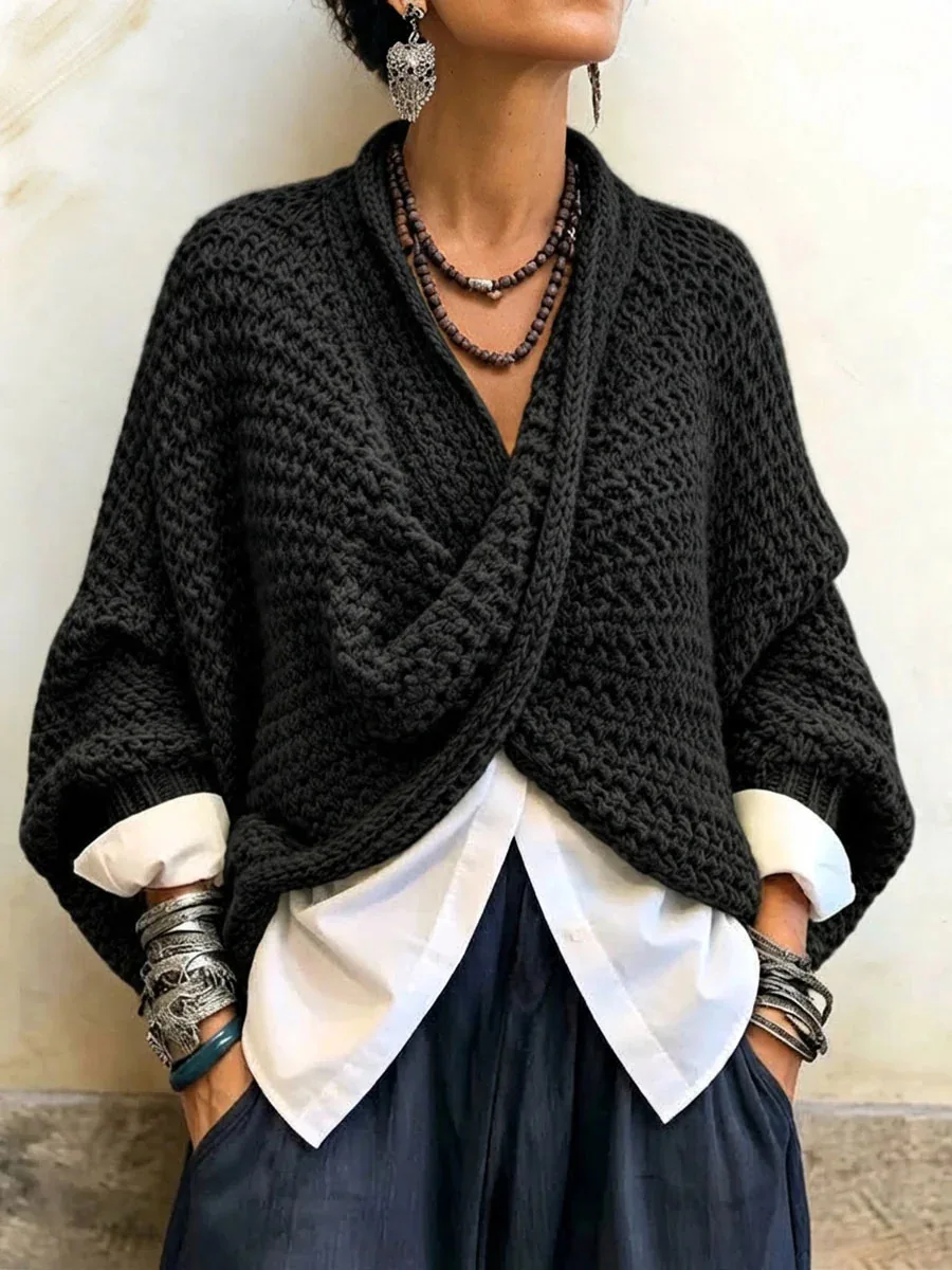 Women's Autumn Thick Textured Front Knitted Jumper Knitted Cross Sweater V-neck Loose Batball Sleeve Bohemian Daily Knitted Top 6