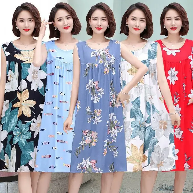 

Summer Middle-Aged and Elderly Cotton Silk Nightgowns Pajamas Women's Dresses Large Size Mother's Casual Nightgowns Homewear