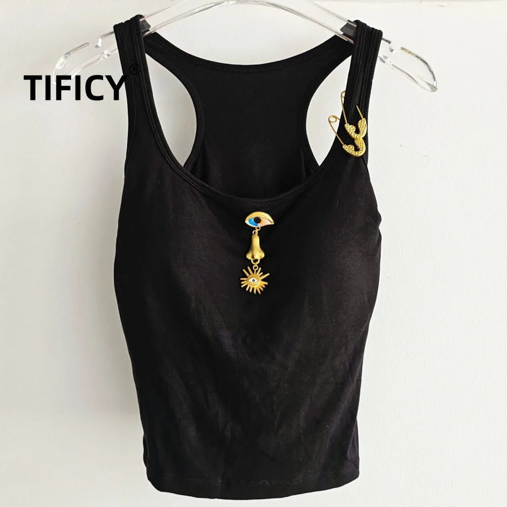 High Street Tanks Tops Eye Shaped Metal Neck Hanging Chest Cushion Integrated Slim Fit and Slimming Suspender Tank Camis