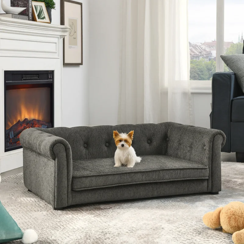 Pet Sofa with Arc shaped Backrest and Armrests Contemporary Rectangular Pet Sofa Crafted From Breathable Linen