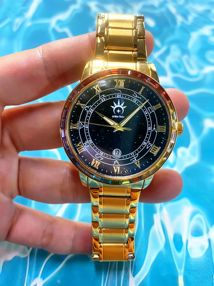 

steel strap date men's quartz watch, Roman starry sky dial, fashionable and casual men's waterproof watch, men's clock