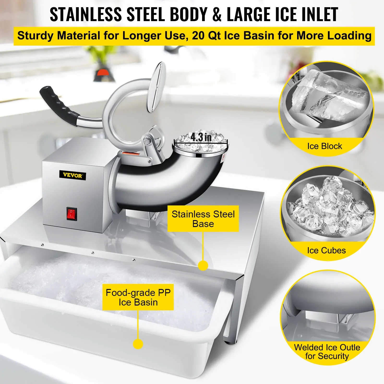 Electric Cube Ice Shaver Granizing Machine 226Kg/H Commercial Snow Cone Chopper Home Slush Crusher Blender Flake Maker