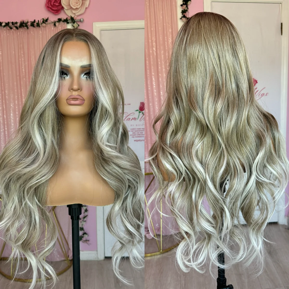 

Ombre Highlight Blonde Wig Пепельно-русый с корнями теней Синтетический кружевной фронтальный парик для женщин Oraiginal Factory Curly Wigs Daily