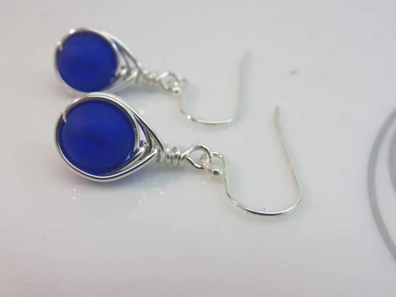 dark blue seaglass earrings sterling silver herringbone wire wrapped cultured sea glass beads argentium silver