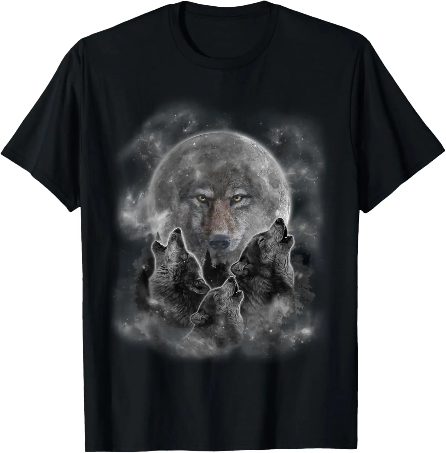 Wolf Pack Howling at Full Moon Graphic Print Short Sleeve Crewneck Cotton T-Shirt for Men