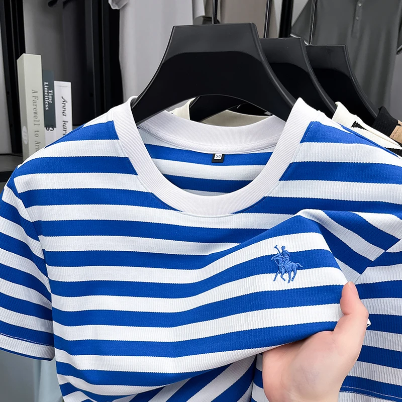 الراقية الرجال تي شيرتات قصيرة الاكمام أزياء العلامة التجارية بول المهر المطرزة الصيف مريحة عارضة الكلاسيكية مخطط جولة الرقبة أعلى #3