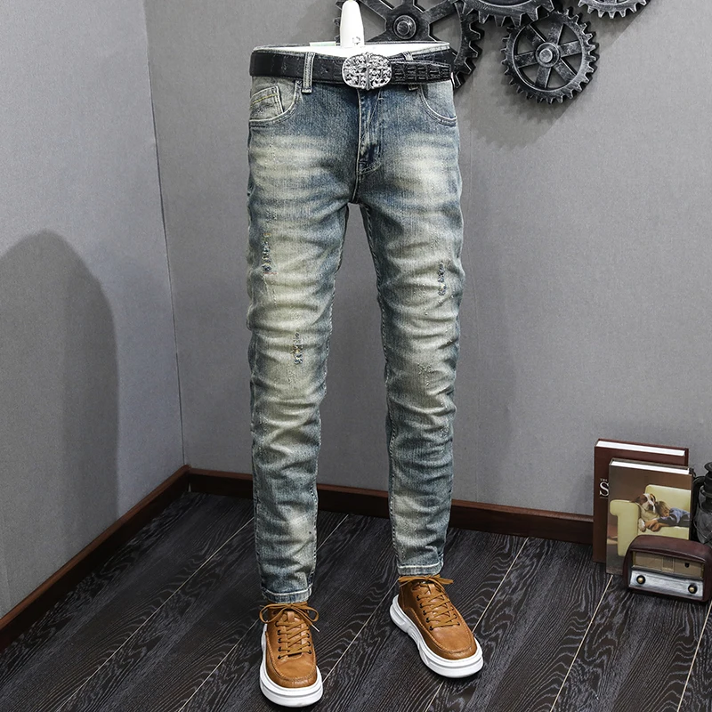 Street Fashion Heren Jeans Retro Gewassen Blauwe Stretch Slim Fit Gescheurde Jeans Heren Borduurontwerper Italiaanse Vintage Denim Broek