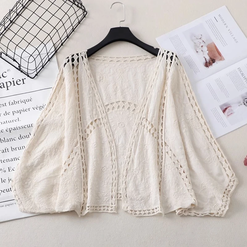 New Summer Sun-protective Cardigan Women Clothing White Beige Color Embroidery Hollou Out Cardigan Beach Shirt Blouses U504