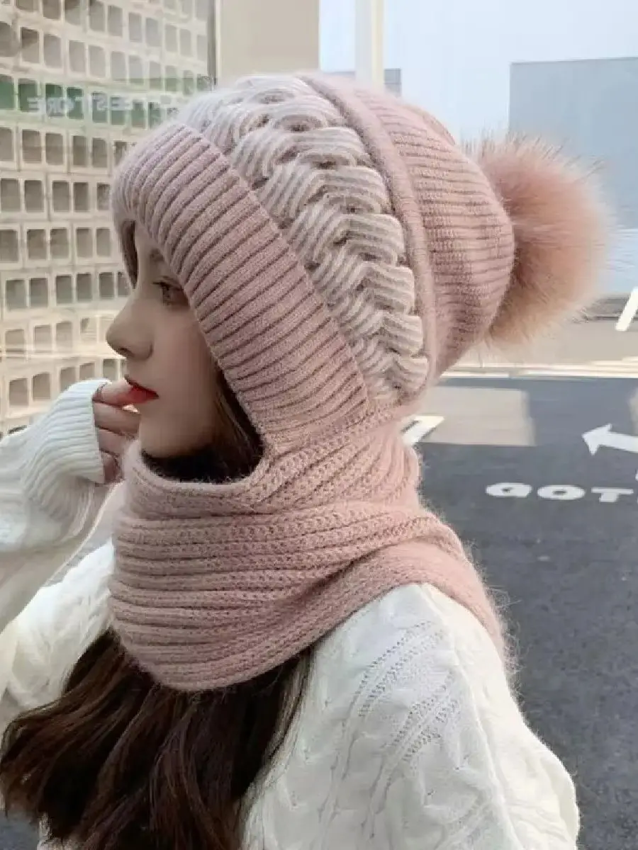 Bonnet et écharpe tout-en-un pour femme, bonnet rembourré pour le cou, protection des oreilles, cheveux de lapin chauds, mignon, résistant au froid, cyclisme, hiver