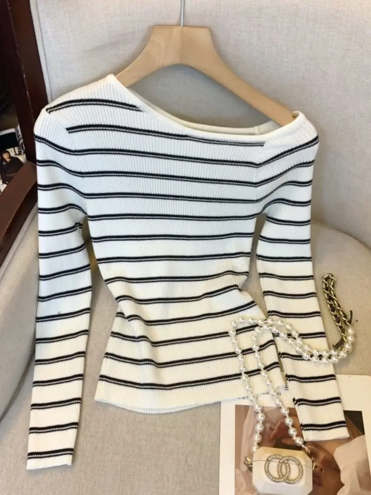 

Облегающий полосатый трикотаж oulder Bared Long Sve, повседневная женская модная зимняя корейская одежда Аосфера