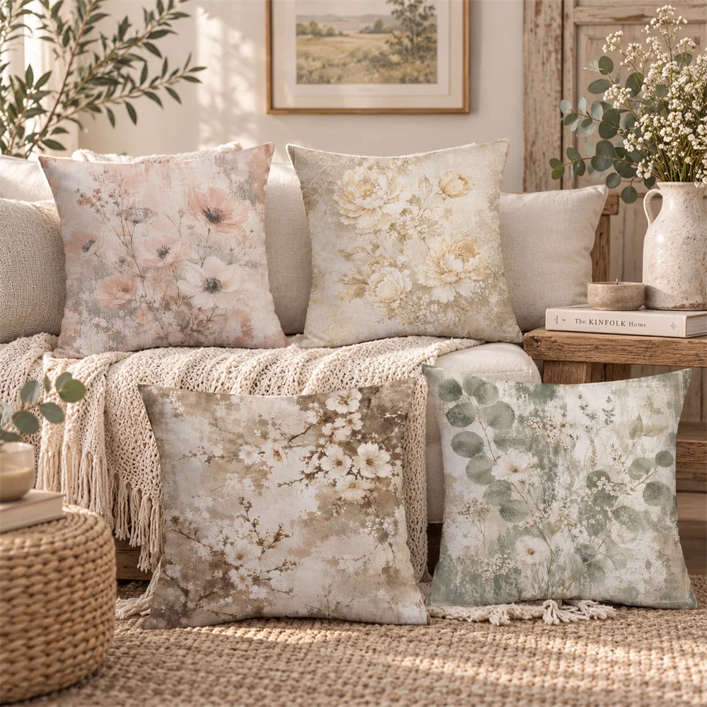 Soft Neutral Watercolor Flowers Cushion Cover Pillow Case Short Plush Square Throw Pillow Covers Pillowcase Sofa Home Decor Gift