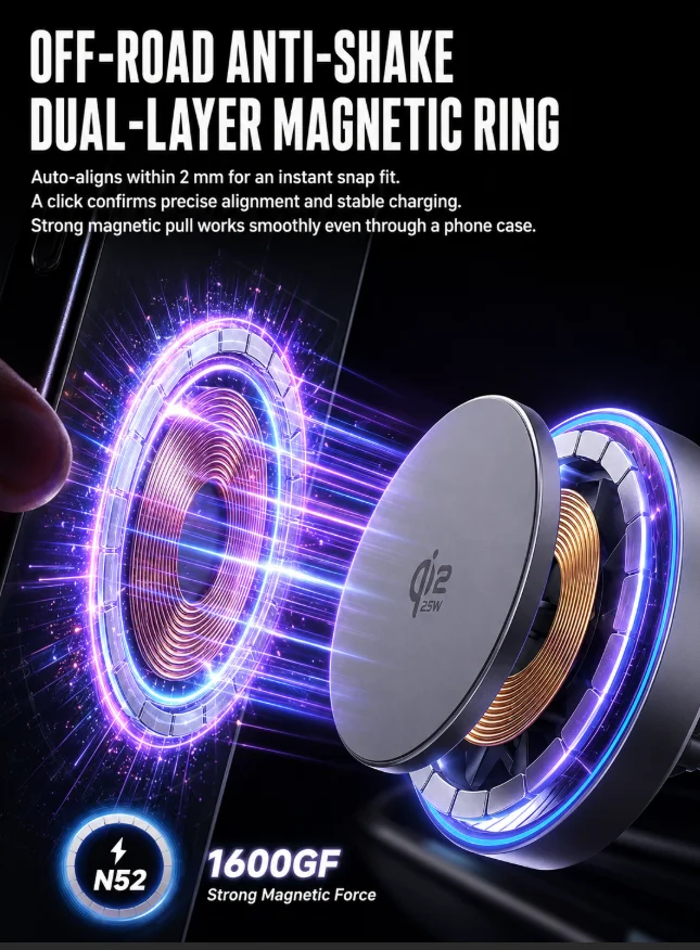 Qi2.2 Magnetisches Kabelloses Ladegerät Auto-Handyhalterung 25W Schnellladung mit Kühlventilator für iPhone 17 Pro Max 16 15 Huawei Ständer – Detail 12