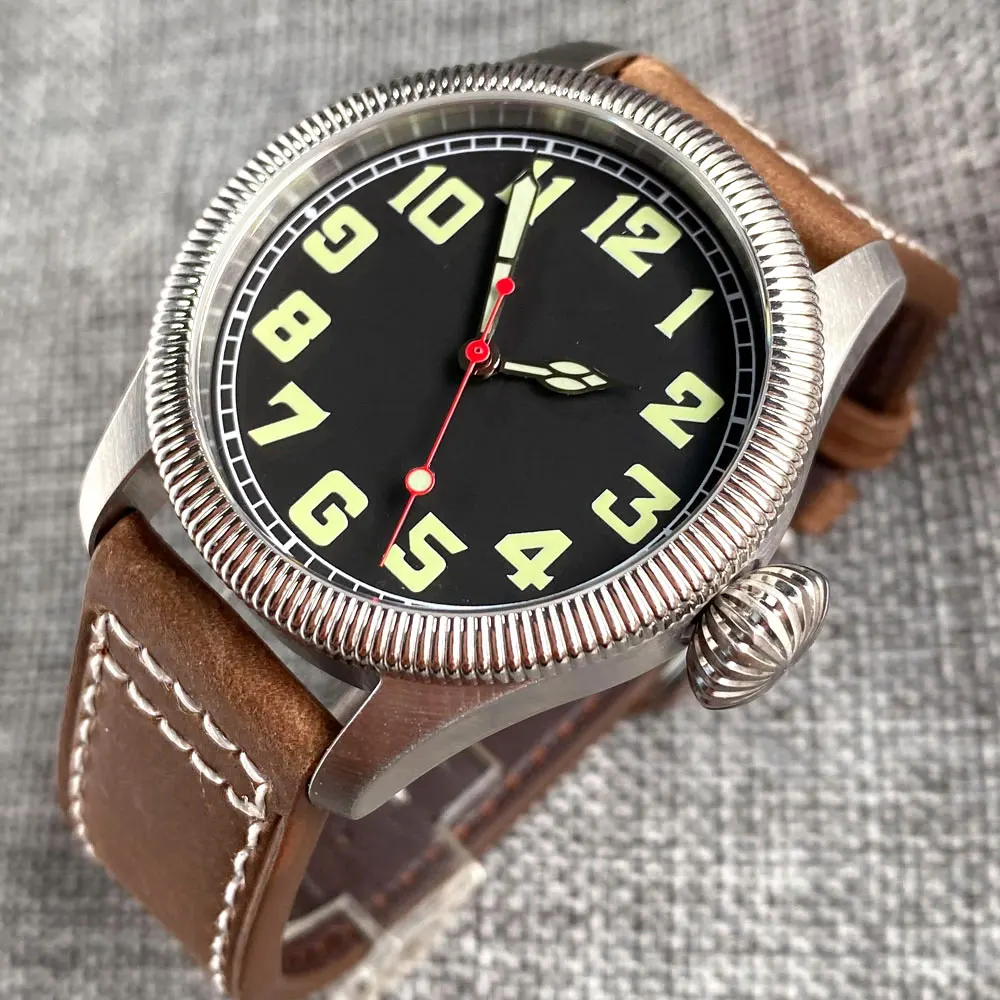 Reloj Automático Tandorio Pilot de 39mm para hombre NH35 Movt, mano roja, zafiro, corona grande, aviador, reloj de pulsera Retro, correa de cuero