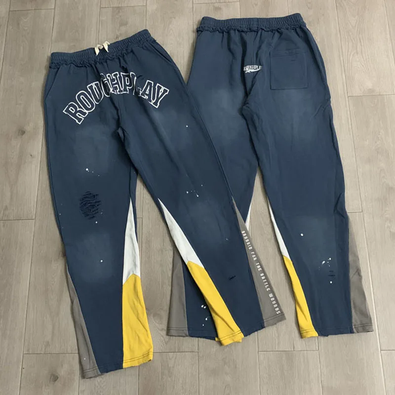 Street Style Washed Distressed Wide Leg Pants Men Women Orange Base Splash Ink Multi Block Drawstring Rough Play Sports Pants