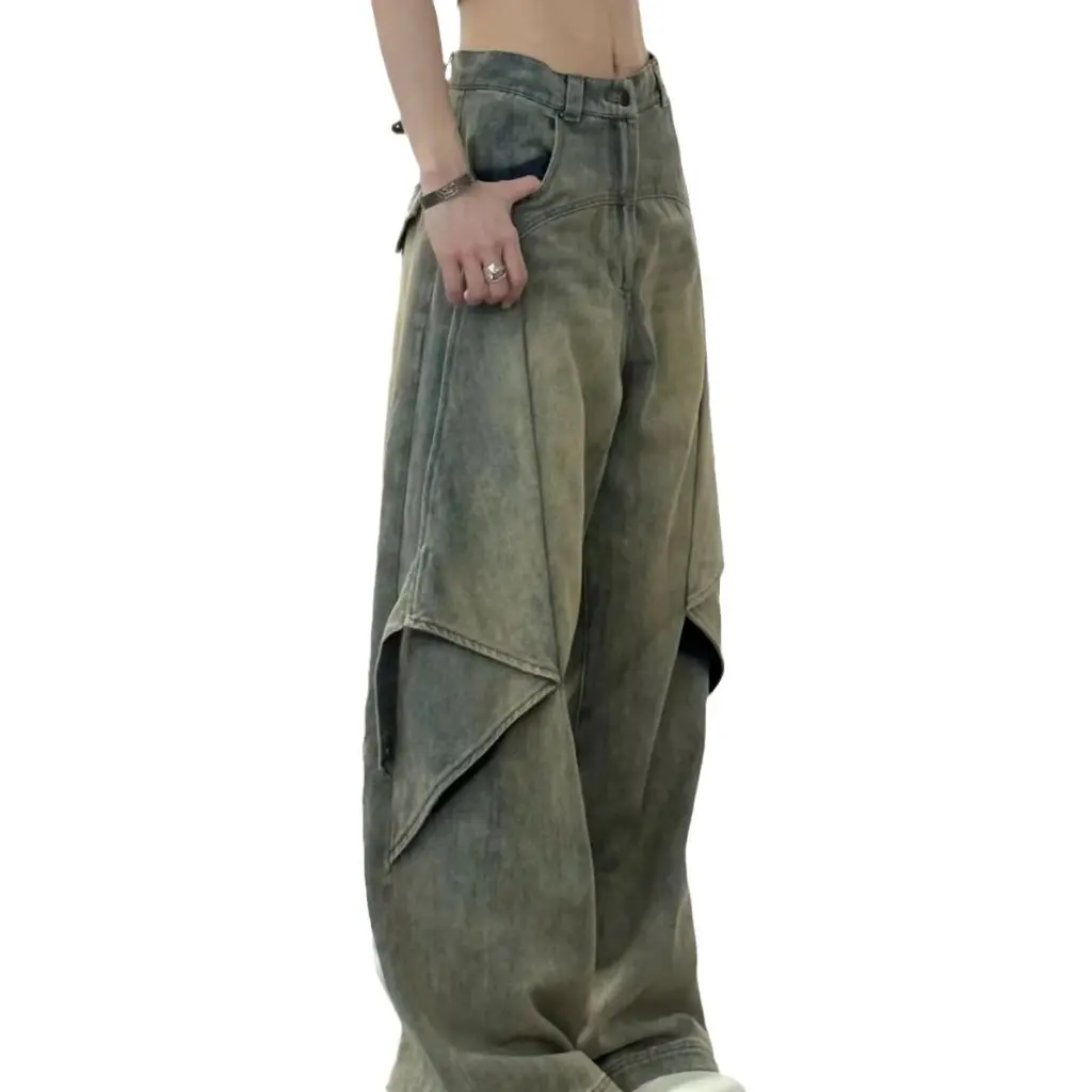 

Women's Retro Micro Horn Design Jeans Loose Casual Wide Leg Long Pants American High Street Style