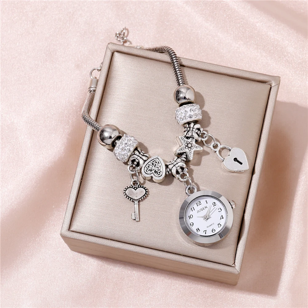 Trendy Rhinestone Beaded Bracelet Love Key Pendant Women's Bracelet Watch