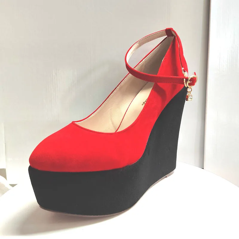 New 2024 Wedges Women Shoes 15 cm High Heels Pumps Red Black Patchwork Design Platform Ladies Shoes Large Size 34-43 WSH5006