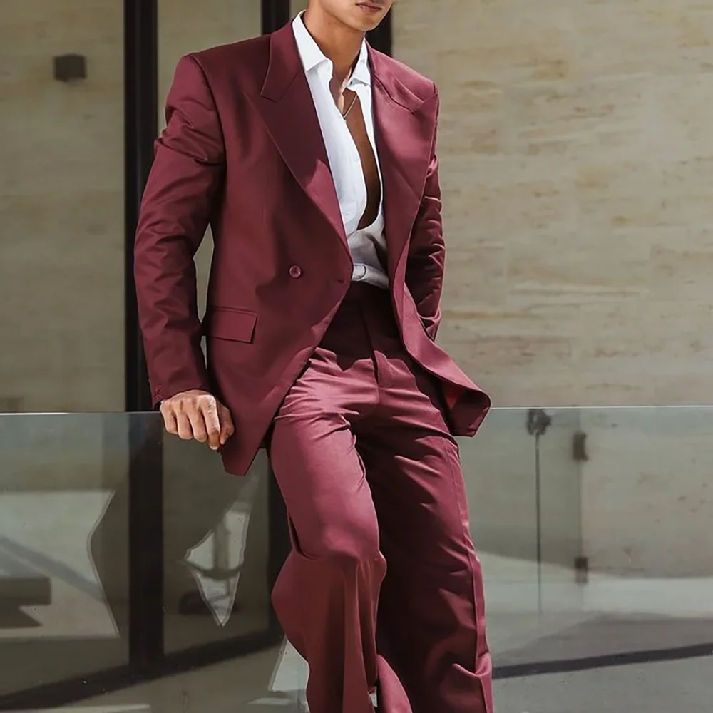 

Dark red (Blazer+Pants) Men Suits Slim Fit 2 Piece Double Breasted Suit Men Wedding Prom Party Business